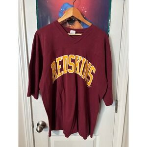 Vintage Washington Redskins V Neck  T Shirt Burgundy Yellow NFL Football Adult